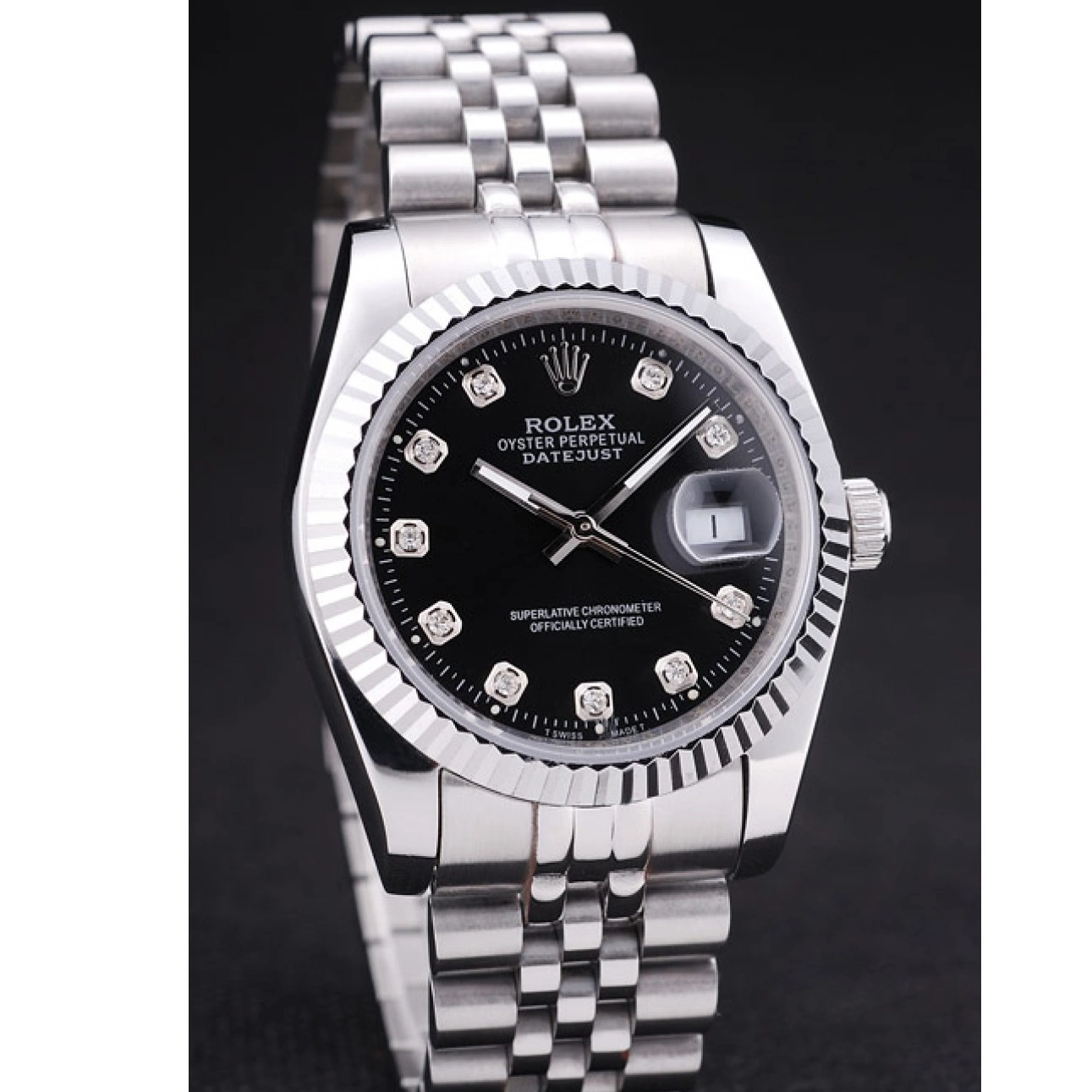 AAA Replica Watches Bezel Ribbed Diamonds Dial Black Rolex Datejust 7458 0612